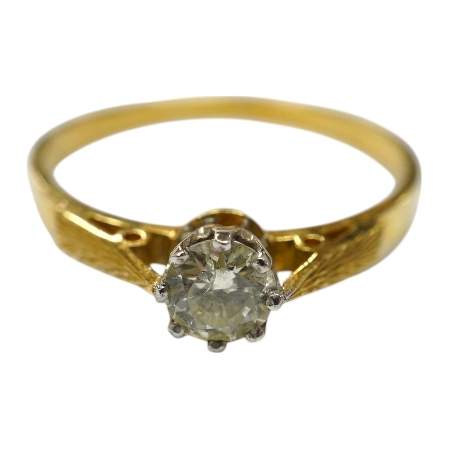 A modern 18ct gold and solitaire diamond set ring, size V, gross weight 3.1 grams. Condition - fair